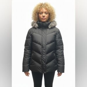 Women's Black Puffer Jacket with Faux Fur Trim